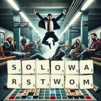 Kreatywna ilustracja do gry w Scrabble ze słowem SOLOWARSTWOM ułożonym z płytek na planszy.