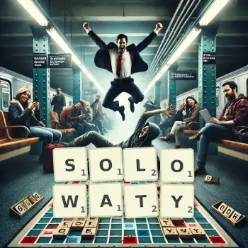 Kreatywna ilustracja do gry w Scrabble ze słowem SOLOWATY ułożonym z płytek na planszy.