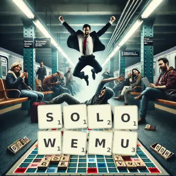 Kreatywna ilustracja do gry w Scrabble ze słowem SOLOWEMU ułożonym z płytek na planszy.