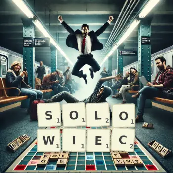 Kreatywna ilustracja do gry w Scrabble ze słowem SOLOWIEC ułożonym z płytek na planszy.