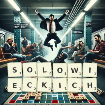 Kreatywna ilustracja do gry w Scrabble ze słowem SOLOWIECKICH ułożonym z płytek na planszy.