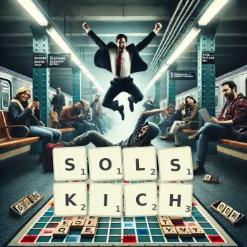 Kreatywna ilustracja do gry w Scrabble ze słowem SOLSKICH ułożonym z płytek na planszy.