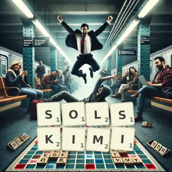 Kreatywna ilustracja do gry w Scrabble ze słowem SOLSKIMI ułożonym z płytek na planszy.