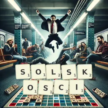 Kreatywna ilustracja do gry w Scrabble ze słowem SOLSKOSCI ułożonym z płytek na planszy.