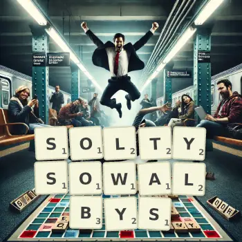 Kreatywna ilustracja do gry w Scrabble ze słowem SOLTYSOWALBYS ułożonym z płytek na planszy.