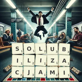 Kreatywna ilustracja do gry w Scrabble ze słowem SOLUBILIZACJAMI ułożonym z płytek na planszy.