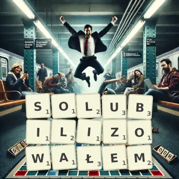 Kreatywna ilustracja do gry w Scrabble ze słowem SOLUBILIZOWAŁEM ułożonym z płytek na planszy.