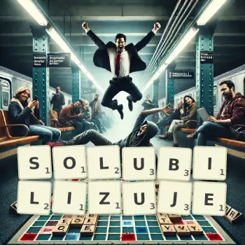 Kreatywna ilustracja do gry w Scrabble ze słowem SOLUBILIZUJE ułożonym z płytek na planszy.