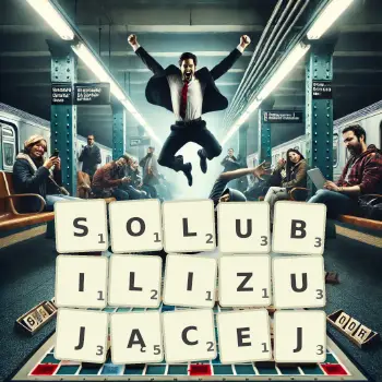 Kreatywna ilustracja do gry w Scrabble ze słowem SOLUBILIZUJĄCEJ ułożonym z płytek na planszy.