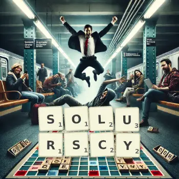 Kreatywna ilustracja do gry w Scrabble ze słowem SOLURSCY ułożonym z płytek na planszy.