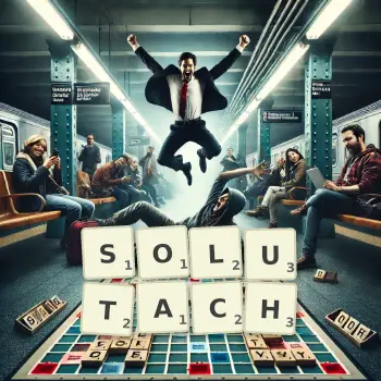 Kreatywna ilustracja do gry w Scrabble ze słowem SOLUTACH ułożonym z płytek na planszy.