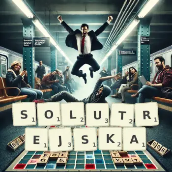 Kreatywna ilustracja do gry w Scrabble ze słowem SOLUTREJSKA ułożonym z płytek na planszy.