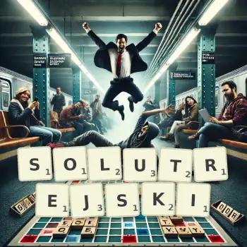Kreatywna ilustracja do gry w Scrabble ze słowem SOLUTREJSKI ułożonym z płytek na planszy.