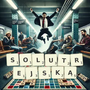 Kreatywna ilustracja do gry w Scrabble ze słowem SOLUTREJSKĄ ułożonym z płytek na planszy.