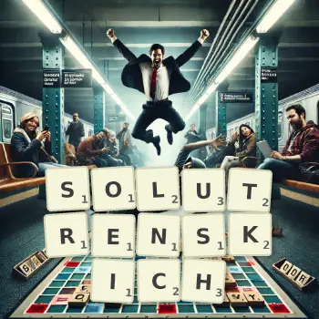 Kreatywna ilustracja do gry w Scrabble ze słowem SOLUTRENSKICH ułożonym z płytek na planszy.