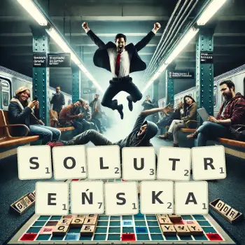 Kreatywna ilustracja do gry w Scrabble ze słowem SOLUTREŃSKA ułożonym z płytek na planszy.