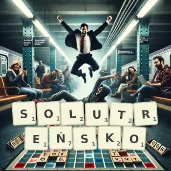 Kreatywna ilustracja do gry w Scrabble ze słowem SOLUTREŃSKO ułożonym z płytek na planszy.