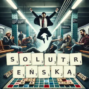 Kreatywna ilustracja do gry w Scrabble ze słowem SOLUTREŃSKĄ ułożonym z płytek na planszy.