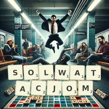 Kreatywna ilustracja do gry w Scrabble ze słowem SOLWATACJOM ułożonym z płytek na planszy.