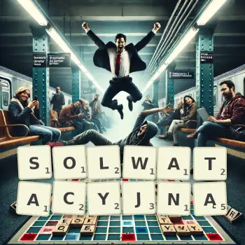Kreatywna ilustracja do gry w Scrabble ze słowem SOLWATACYJNĄ ułożonym z płytek na planszy.
