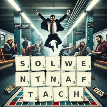 Kreatywna ilustracja do gry w Scrabble ze słowem SOLWENTNAFTACH ułożonym z płytek na planszy.