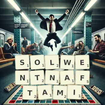 Kreatywna ilustracja do gry w Scrabble ze słowem SOLWENTNAFTAMI ułożonym z płytek na planszy.