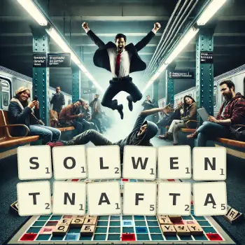 Kreatywna ilustracja do gry w Scrabble ze słowem SOLWENTNAFTĄ ułożonym z płytek na planszy.