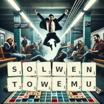 Kreatywna ilustracja do gry w Scrabble ze słowem SOLWENTOWEMU ułożonym z płytek na planszy.