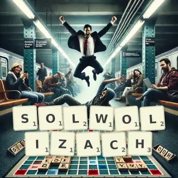 Kreatywna ilustracja do gry w Scrabble ze słowem SOLWOLIZACH ułożonym z płytek na planszy.