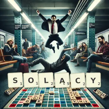 Kreatywna ilustracja do gry w Scrabble ze słowem SOLĄCY ułożonym z płytek na planszy.