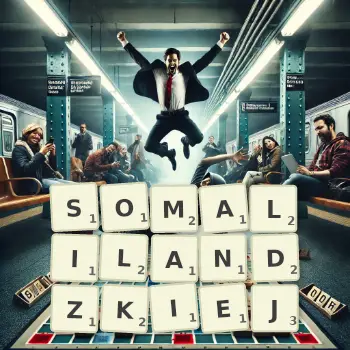 Kreatywna ilustracja do gry w Scrabble ze słowem SOMALILANDZKIEJ ułożonym z płytek na planszy.