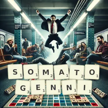 Kreatywna ilustracja do gry w Scrabble ze słowem SOMATOGENNI ułożonym z płytek na planszy.