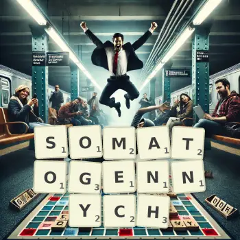 Kreatywna ilustracja do gry w Scrabble ze słowem SOMATOGENNYCH ułożonym z płytek na planszy.