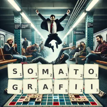 Kreatywna ilustracja do gry w Scrabble ze słowem SOMATOGRAFII ułożonym z płytek na planszy.