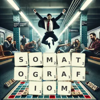 Kreatywna ilustracja do gry w Scrabble ze słowem SOMATOGRAFIOM ułożonym z płytek na planszy.