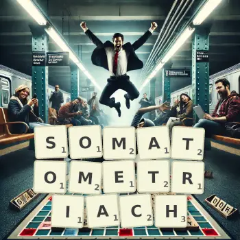 Kreatywna ilustracja do gry w Scrabble ze słowem SOMATOMETRIACH ułożonym z płytek na planszy.