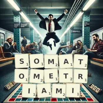 Kreatywna ilustracja do gry w Scrabble ze słowem SOMATOMETRIAMI ułożonym z płytek na planszy.