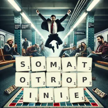 Kreatywna ilustracja do gry w Scrabble ze słowem SOMATOTROPINIE ułożonym z płytek na planszy.