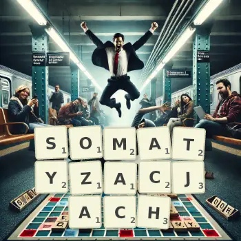Kreatywna ilustracja do gry w Scrabble ze słowem SOMATYZACJACH ułożonym z płytek na planszy.