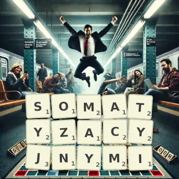 Kreatywna ilustracja do gry w Scrabble ze słowem SOMATYZACYJNYMI ułożonym z płytek na planszy.