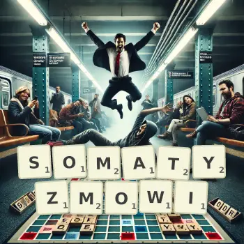 Kreatywna ilustracja do gry w Scrabble ze słowem SOMATYZMOWI ułożonym z płytek na planszy.