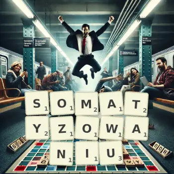 Kreatywna ilustracja do gry w Scrabble ze słowem SOMATYZOWANIU ułożonym z płytek na planszy.
