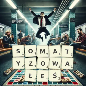 Kreatywna ilustracja do gry w Scrabble ze słowem SOMATYZOWAŁEŚ ułożonym z płytek na planszy.