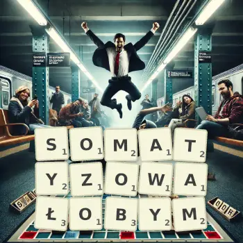 Kreatywna ilustracja do gry w Scrabble ze słowem SOMATYZOWAŁOBYM ułożonym z płytek na planszy.