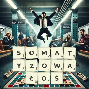 Kreatywna ilustracja do gry w Scrabble ze słowem SOMATYZOWAŁOŚ ułożonym z płytek na planszy.