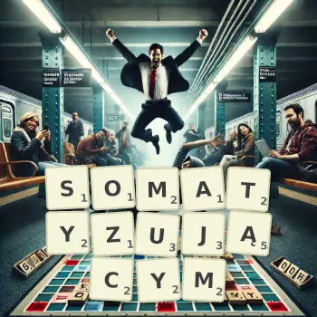 Kreatywna ilustracja do gry w Scrabble ze słowem SOMATYZUJĄCYM ułożonym z płytek na planszy.