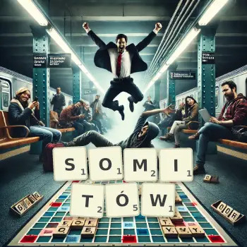 Kreatywna ilustracja do gry w Scrabble ze słowem SOMITÓW ułożonym z płytek na planszy.
