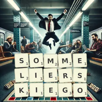 Kreatywna ilustracja do gry w Scrabble ze słowem SOMMELIERSKIEGO ułożonym z płytek na planszy.