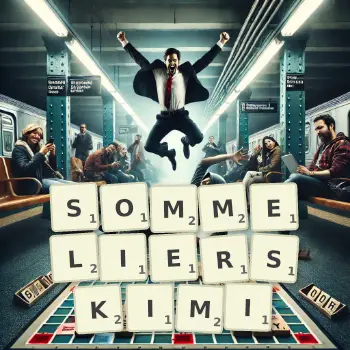 Kreatywna ilustracja do gry w Scrabble ze słowem SOMMELIERSKIMI ułożonym z płytek na planszy.