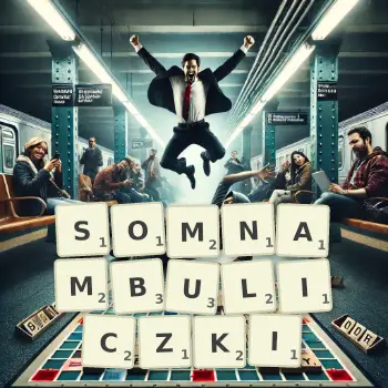 Kreatywna ilustracja do gry w Scrabble ze słowem SOMNAMBULICZKI ułożonym z płytek na planszy.